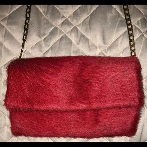 Vintage Roll Purse by ETUI Bags London Crossbody chain RED dyed FUR w/Brass Hrdw